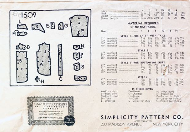 Boys Button Front Casual or Dress Shirt Wing Collar w/ Short or Long Sleeves Vintage Sewing Pattern Simplicity 1509 Size 6