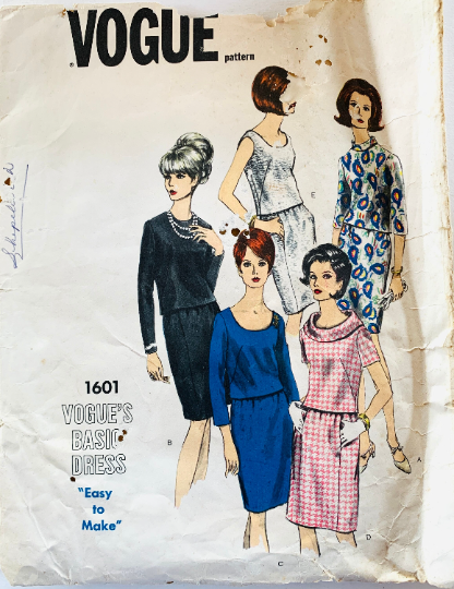 60s Womens 2 Piece Suit Roll Collar Blouse Straight Skirt Sleeveless Shell Vintage Petite Sewing Pattern Vogue 1601 B32