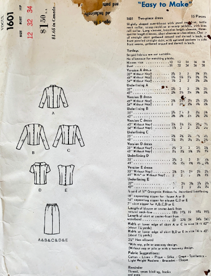 60s Womens 2 Piece Suit Roll Collar Blouse Straight Skirt Sleeveless Shell Vintage Petite Sewing Pattern Vogue 1601 B32