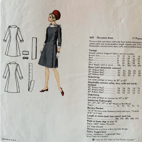 60s Roll Collar Asymmetrical Button Front Mod Dress Molyneux Designer Petite Vintage Wounded Bird Sewing Pattern Vogue Paris Original 1629 B31
