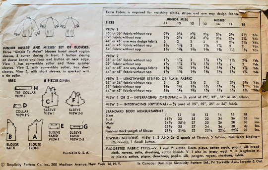 50s Womens Button Front Blouse Pattern Raglan or Puff Sleeves w/ Bow Trim Option Petite Vintage Sewing Pattern, Simplicity 1692 B31