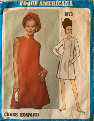 60s Mod Geometric Seam A Line Dress w/ Pockets Designer Chuck Howard Vintage Petite Sewing Pattern Vogue 1873 B32