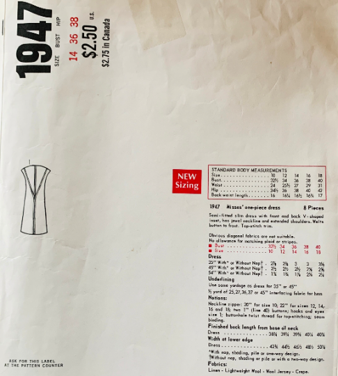 60s Vintage Geometric Sleeveless Shift Dress Molyneux Designer Vogue Paris Original Vintage Sewing Pattern Vogue 1947 B34