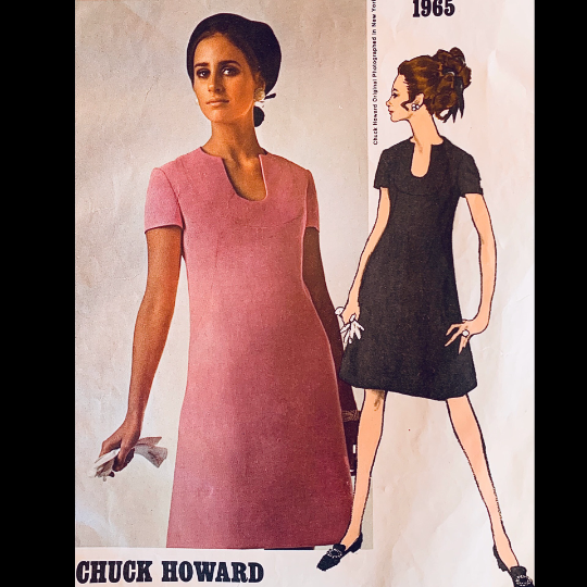 60s Shift Dress w/ Shark Bite Neckline A Line Dresses American Designer Chuck Howard Short Sleeve Vintage Sewing Pattern Vogue 1965 B34 60s Shift Dress w/ Shark Bite Neckline A Line Dresses American Designer Chuck Howard Short Sleeve Vintage Sewing Pattern Vogue 1965 B34