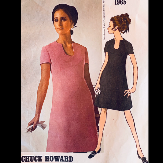 60s Shift Dress w/ Shark Bite Neckline A Line Dresses American Designer Chuck Howard Short Sleeve Vintage Sewing Pattern Vogue 1965 B34