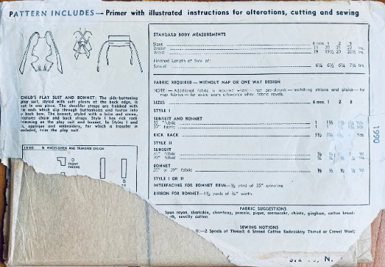 Infant Playsuit Romper & Matching Bonnet Play Suit Sewing Pattern Simplicity 1990 Size 1