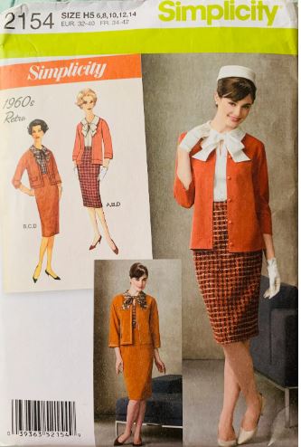 60s Womens Suit w/ Pussy Bow Blouse Pencil Skirt & Boxy Jacket Sewing Pattern Simplicity 2154 B30-36