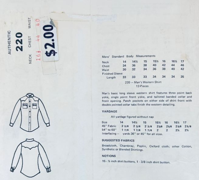 Mens Western Shirt Rodeo Wear Shirts Vintage Sewing Pattern Authentic Patterns 220 44 XL