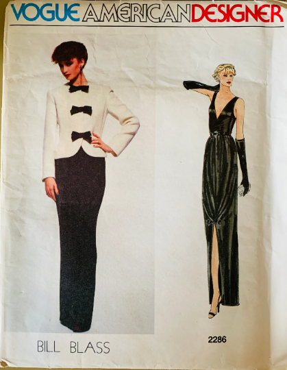 70s Slinky Evening Dress w/ Plunging Neckline Slit Disco Era Evening Gown Tuxedo Jacket w/ Bow Trim Bill Blass Petite Vintage Sewing Pattern Vogue