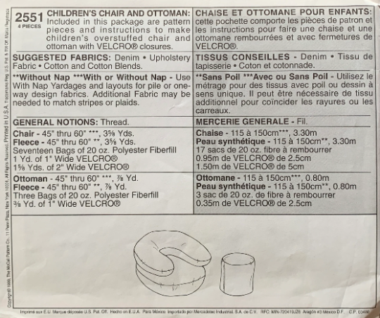 Kids Furniture Stuffed Oversize Chair & Ottoman Home Decor Sewing Pattern McCalls 2551