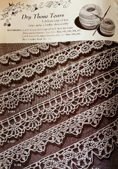 40s Handkerchief Edgings Book 256 ORIGINAL Crochet Pattern Magazine Tatting Hairpin Lace Trims Flowers Butterfly Cobweb