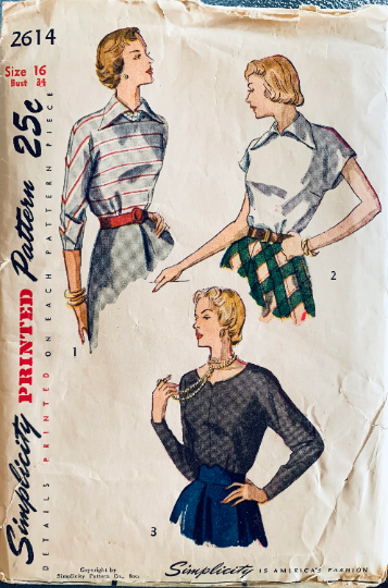 40s Wing Collar Blouse Top w/ Sleeve Options Vintage Sewing Pattern Simplicity 2614 B34