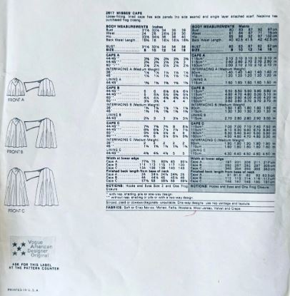 80s Cape in 3 Lengths Opera Capes Edith Head Designer Vogue Vintage Petite Sewing Pattern Vogue 2617 B32