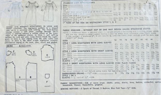 50s Womens Ruffled Nightgown in 2 Lengths Long Short Prairie Sleepwear Petite Vintage Sewing Pattern Simplicity 2646 B32