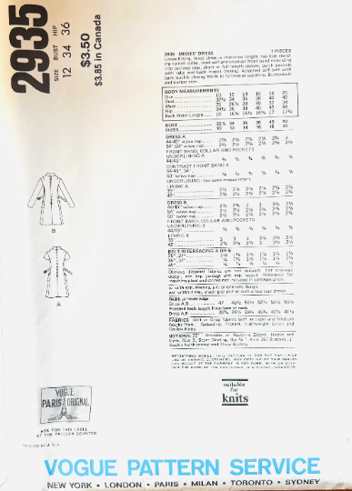 70s Shirtwaist Dress Molyneux Designer Vintage Sewing Pattern Vogue 2935 B34