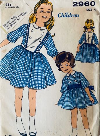 Toddler Girls Full Skirt Dress w/ Square Collar & Contrast Bodice Vintage Sewing PatternAdvance 2960 Size 4