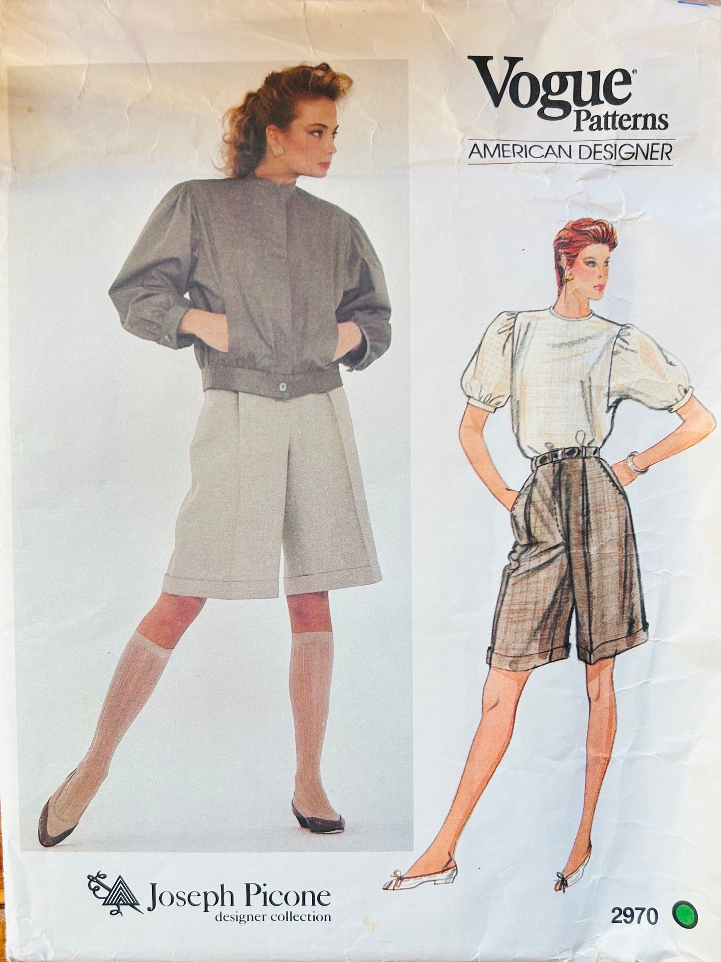 80s Cuffed Long Shorts Cropped Jacket & Pullover Blouse Top Designer Joseph Picone Petite Vintage Sewing Pattern Vogue 2970 B 32