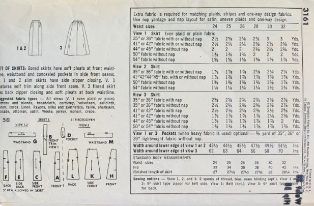 60s Flared or Full Skirt Pleated Waistband Fitted or Flared Skirts Vintage Sewing Pattern Simplicity 3161 W28