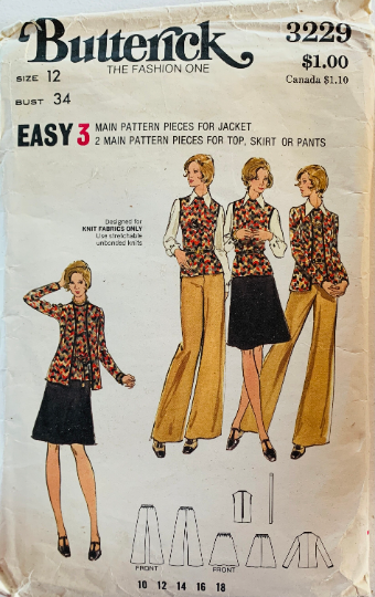 70s Pattern Flared Pants A Line Skirt w Vest Jacket Pointed Collar Blouse Easy Vintage Sewing Pattern Butterick 3229 B34