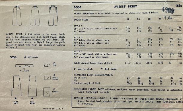 40s 50s Slim Midi Skirt w/ Pockets Modest Vintage Petite Easy Sewing Pattern Simplicity 3330 W24