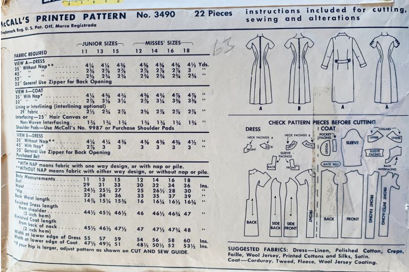 50s Fitted Princess Seam Dress & Spring Coat Vintage Petite Sewing Pattern McCalls 3490 B29