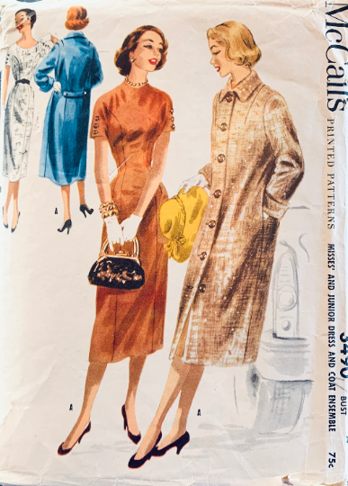 50s Fitted Princess Seam Sheath Dress w/ Matching Coat Petite Juniors Vintage Sewing Pattern McCalls 3490 B20