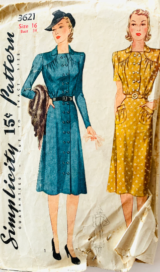 30s Button Front Shirtwaist Dress w/ Pockets Vintage Wounded Bird Sewing Pattern Simplicity 3621 B34