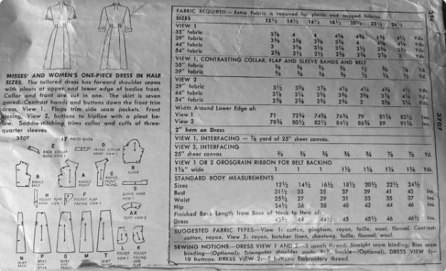 50s Womens Button Front Day Dress Vintage w/ Pockets & Sleeve Options Half Size Sewing Pattern Simplicity 3707 B35