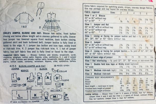 Toddler Girls Pinafore Jumper Dress Full Skirt w/ Button Front Blouse Square Neckline Matching Hat Toddler Vintage Sewing Pattern Simplicity 4153 Size 3