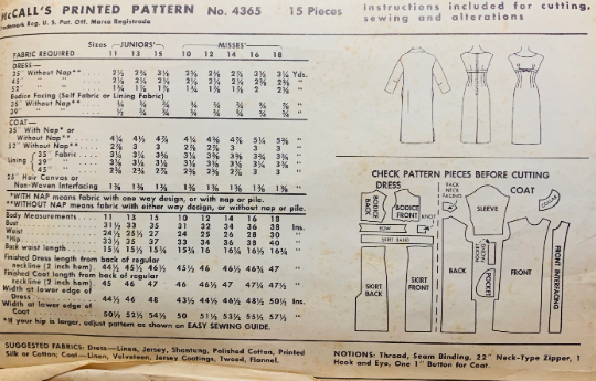 50s Fitted Sheath Dress w/ Matching Spring Coat Petite Easy Wounded Bird Vintage Sewing Pattern McCalls 4365 B34