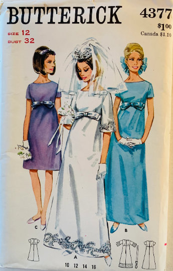 60s Empire Waist Wedding Dress Bridesmaid Gown Cocktail Modest Petite Vintage Sewing Pattern Butterick 4377 B32