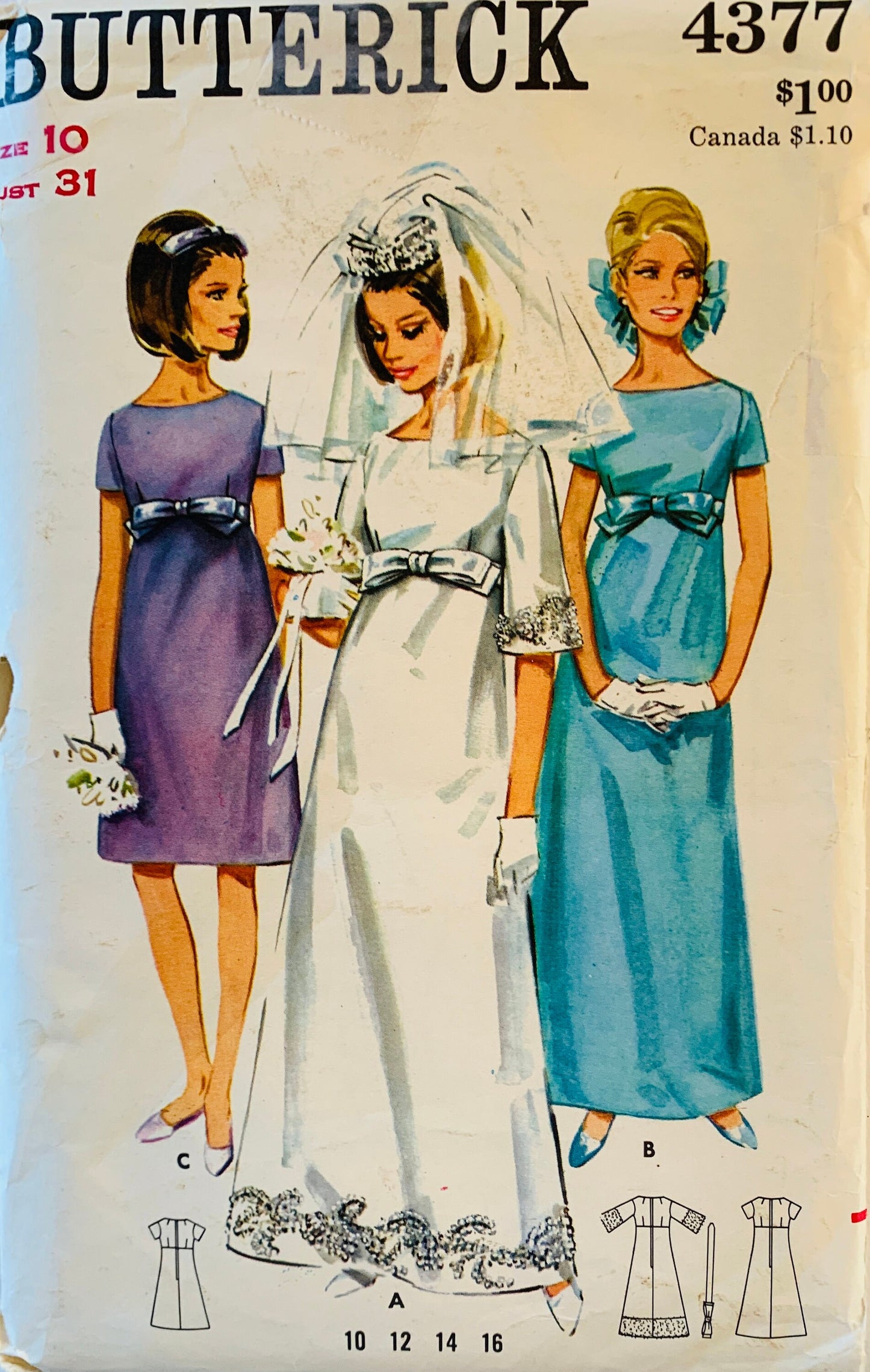 60s Empire Waist Wedding Dress Bridesmaid Gown Cocktail Modest Petite Vintage Sewing Pattern Butterick 4377 B31