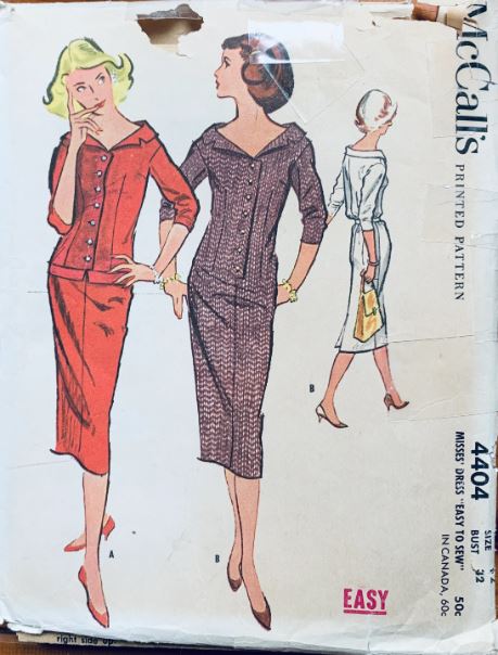 50s Straight Sheath Shirtdress w/ Unique Neckline Drop Waist Dresses Modest Petite Vintage Sewing Pattern McCalls 4404 B32