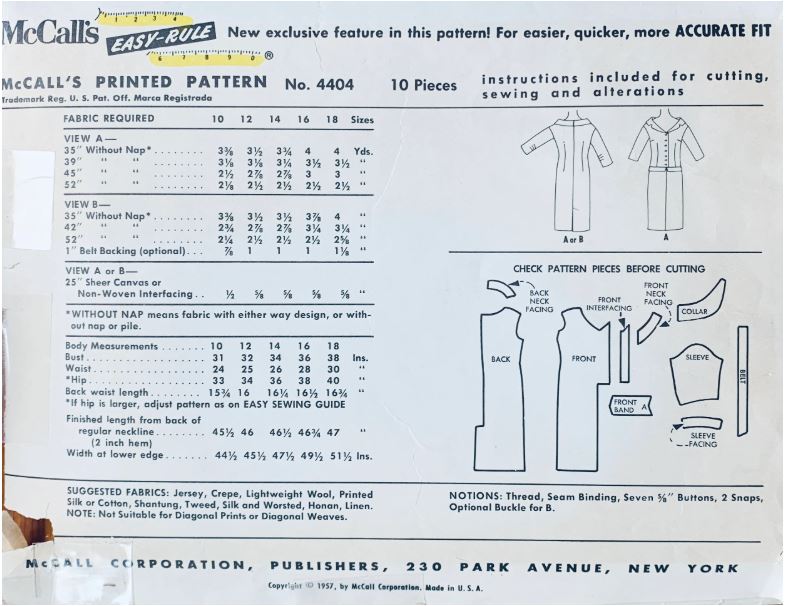50s Straight Sheath Shirtdress w/ Unique Neckline Drop Waist Dresses Modest Petite Vintage Sewing Pattern McCalls 4404 B32