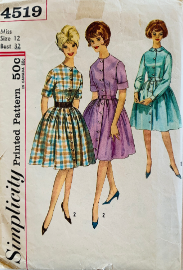 60s Button Front Fit N Flare Shirtwaist Dress Lucy Style Vintage Petite Sewing Pattern Simplicity 4519 B32 60s Button Front Fit N Flare Shirtwaist Dress Lucy Style Vintage Petite Sewing Pattern Simplicity 4519 B32