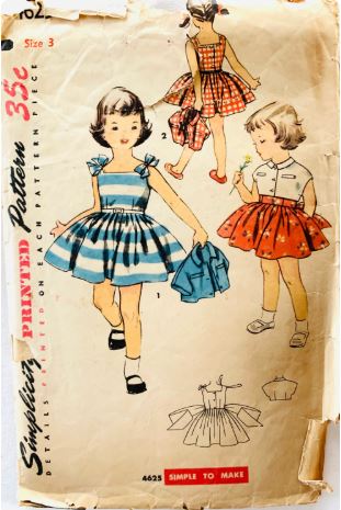 Toddler Girls Sun Dress w/ Full Skirt Cropped Bolero Jacket Tie Shoulders Neckline Variations EASY Vintage Sewing Pattern Simplicity 4625 Size 3