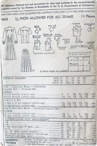 40s Womens Pleated Skirt & Button Front Blouse Two Piece Dress Vintage Sewing Pattern Advance 4652 B34