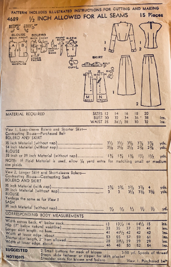 40s Evening Maxi Skirt w/ Hip Sash Cap Sleeve Blouse & Cropped Bolero Jacket Vintage Sewing Pattern Advance 4689 B34
