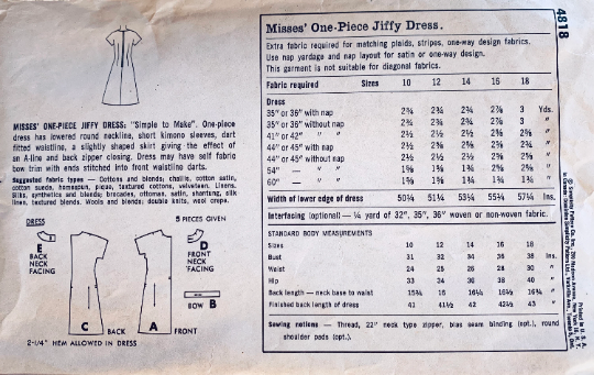 60s Shift Dress A Line Dresses Short Sleeve Jiffy Easy Vintage Sewing Pattern Simplicity 4818 B34