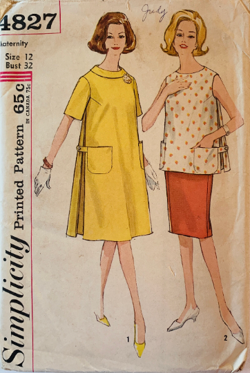 60s Sleeveless Maternity Top Tunic Dress & Skirt Petite Vintage Sewing Pattern Simplicity 4827 B32