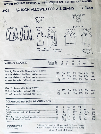 40s Starburst Seam Blouse Button Front w/ Long Bishop or Three Quarter Ruffled Sleeves Petite Vintage Sewing Pattern Advance 4921 B30