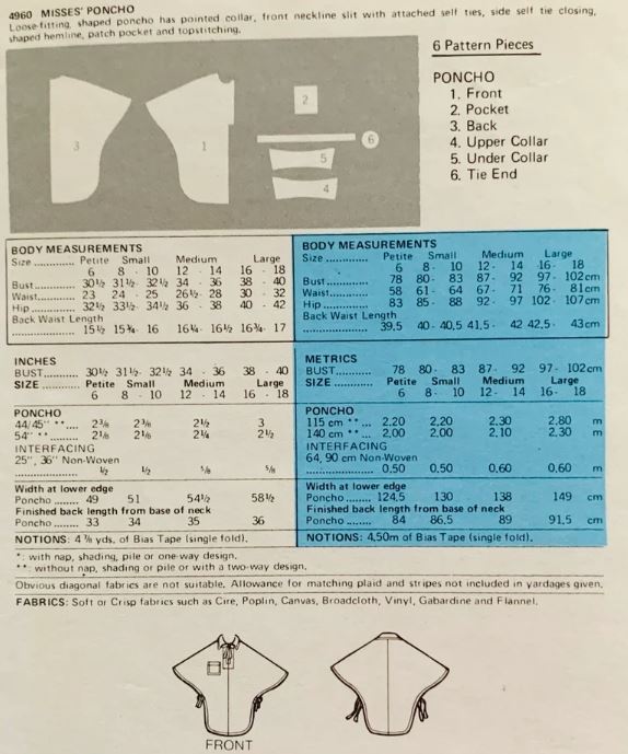 70s Easy Tie On Poncho Jacket Outerwear Coat Petite Vintage Sewing Pattern Butterick 4960 B30