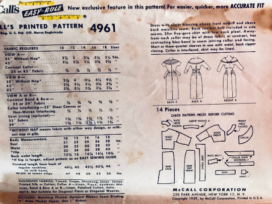 50s Sheath Dress w/ Portrait Neckline & Inset Waist Vintage Sewing Pattern McCalls 4961 B36
