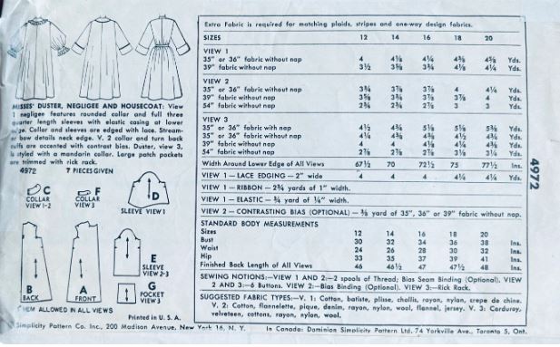 50s Brunch Coat Bathrobe Negligee Bath Robe Vintage Petite Sewing Pattern Simplicity 4972 B30