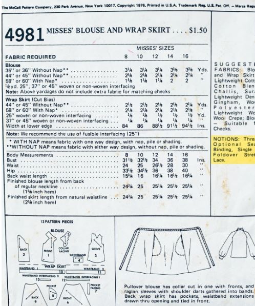 70s Easy Wrap Skirt & Pullover Smock Top Blouse Vintage Sewing Pattern McCalls 4981 B36