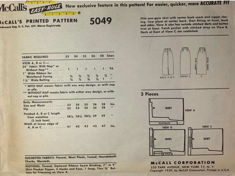 60s Straight Pencil Midi Below Knee Skirt w/ Pocket Modest Easy Vintage Sewing Pattern McCalls 5049 W26