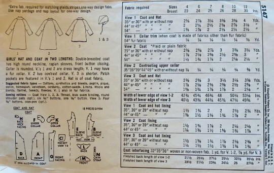 60s Girls Tween Trapeze Coat Double Breasted w/ Peter Pan Collar & Matching Fitted Hat Millinery Vintage Sewing Pattern 5147 Size 10