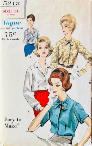 60s Pretty Blouses Easy Dressy Tops Pussy Bow Blouse w/ Short or Long Sleeves Vintage Sewing Pattern Vogue 5213 B34