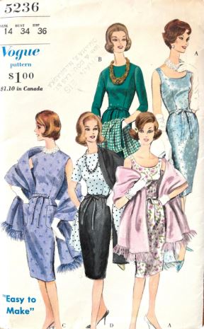 60s Cocktail Dress Fitted Sleeveless Sheath Dress w/ Shawl Easy Vintage Sewing Pattern Vogue 5236 B34