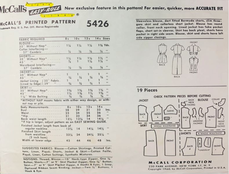 60s Bermuda Shorts Sleeveless Blouse Fitted Pencil Skirt & Jacket Separates Wounded Bird Vintage Sewing Pattern McCalls 5426 B34